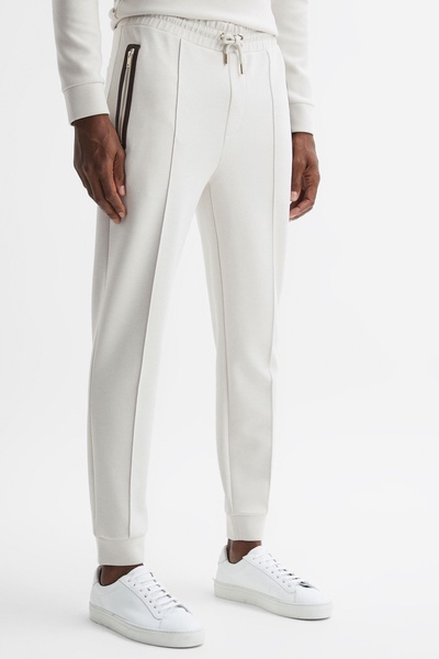 Drawstring Contrast Zip Joggers in Off White