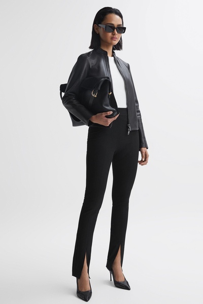 Leather Collarless Biker Jacket in Black