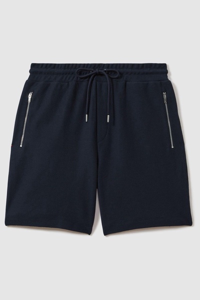 Textured Cotton Drawstring Shorts in Navy