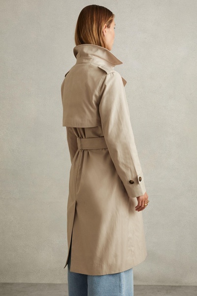 Double Breasted Hooded Insert Trench Coat in Stone