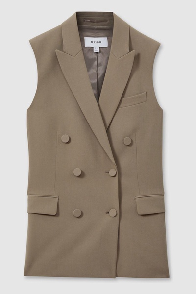 Double Breasted Longline Suit Waistcoat in Khaki