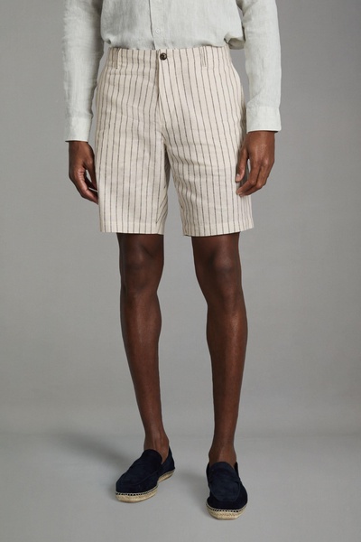 Cotton Linen Blend Internal Drawstring Shorts in Ecru Stripe