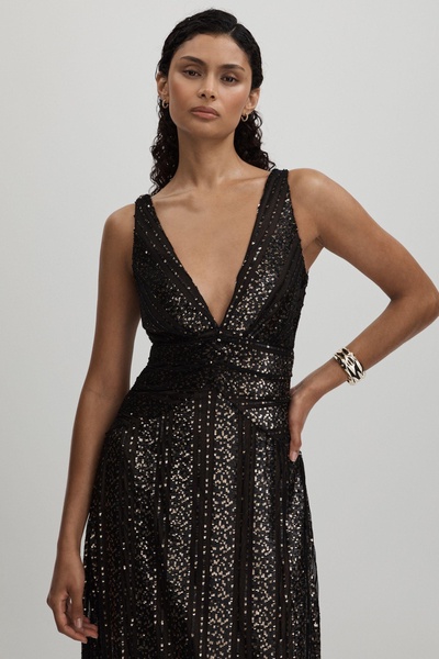 Halston Plunge Neck Sequin Maxi Dress in Black