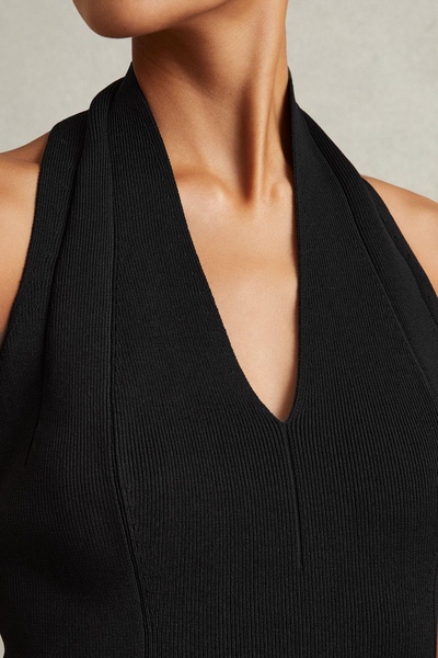 Knitted Panelled Halter Neck Top in Black