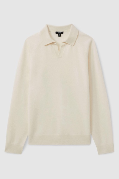 Wool-Cashmere Open-Collar Polo Shirt in Ivory