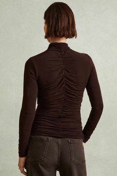 Ruched High-Neck Jersey Top in Chocolate