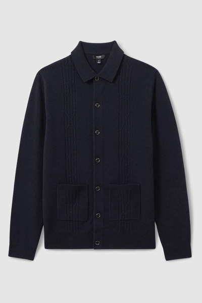 Wool Cabled-Knitted Cardigan in Navy