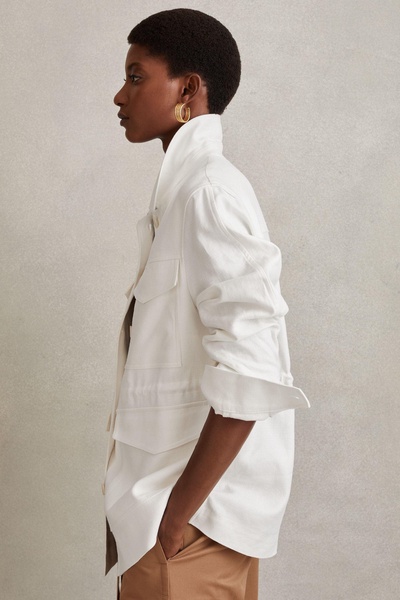 Linen Blend Drawstring Overshirt in White