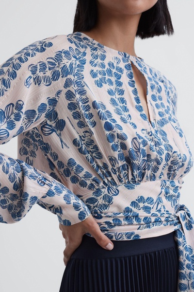 Cropped Printed Belted Blouse in Pink/Blue