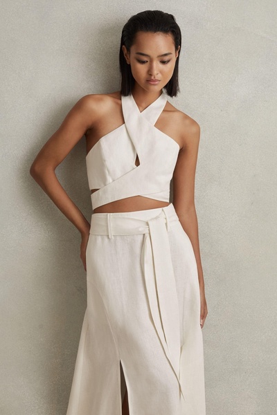 Linen Halter Neck Cropped Top in White