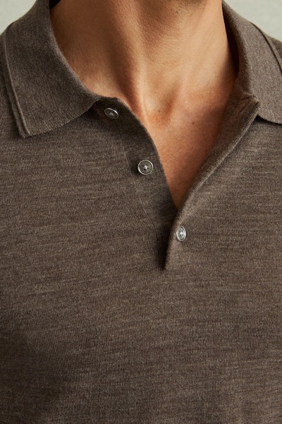 Merino Wool Polo Shirt in Dark Brown Melange