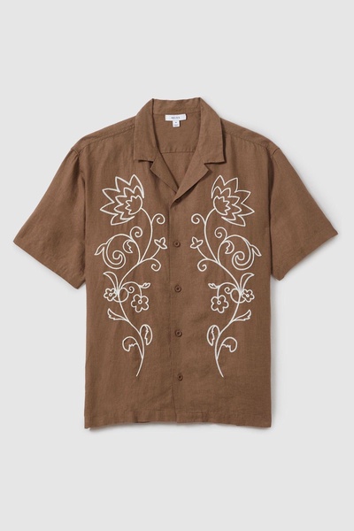 Linen Embroidered Cuban Collar Shirt in Tobacco Brown