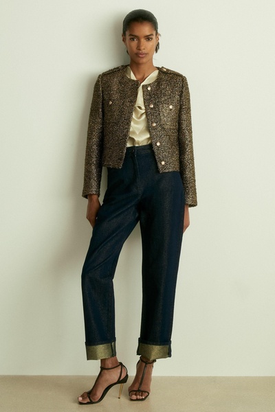 Petite Metallic Knit Cropped Jacket in Gold