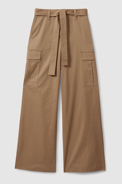 Petite Cotton Blend Wide Leg Cargo Trousers in Camel