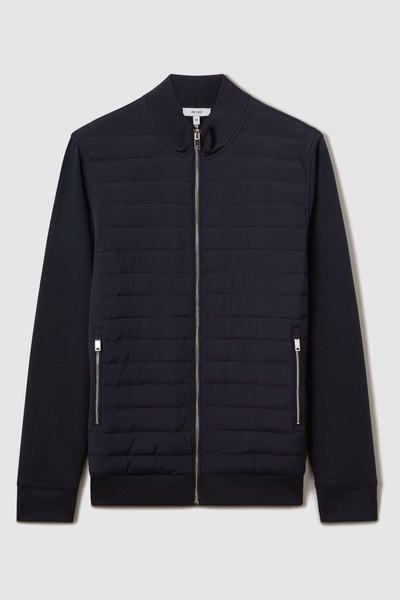 Hybrid Quilt and Knit Zip-Through Jacket in Navy