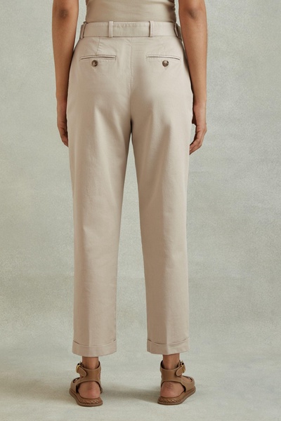 Cropped Cotton Blend Belted Trousers in Stone