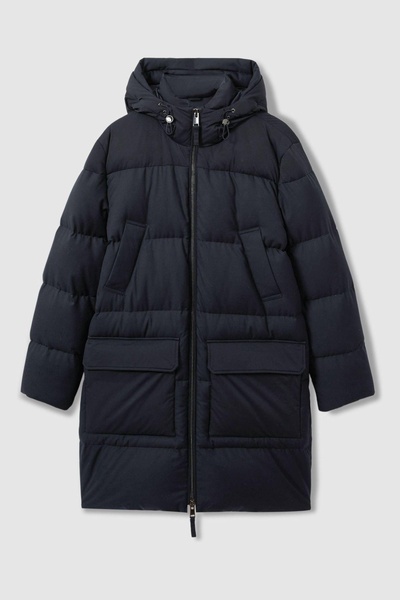 Quilted Longline Puffer Jacket in Navy