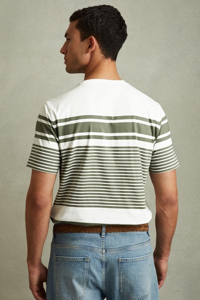 Mercerised Cotton Striped Crew Neck T-Shirt in White/Sage