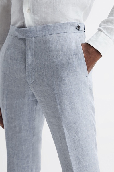 Slim Fit Linen Adjustable Trousers in Blue