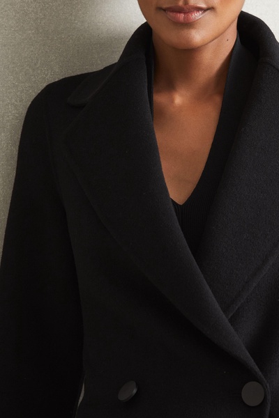 Wool Blend Double Breasted Blindseam Coat in Black