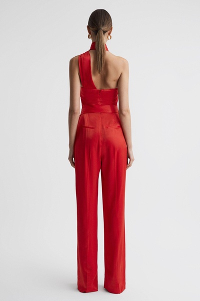 Satin Halter Neck Fitted Jumpsuit in Red