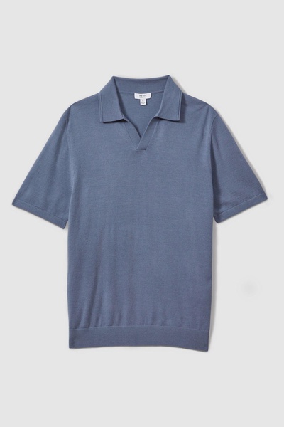 Merino Wool Open Collar Polo Shirt in Airforce Blue