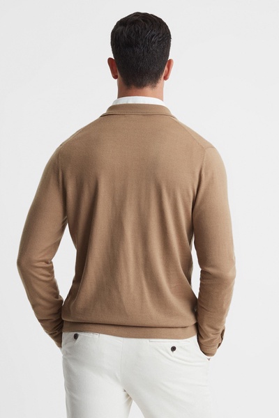 Merino Wool Button-Through Cardigan in Camel