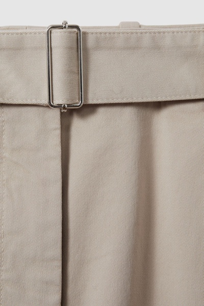 Cropped Cotton Blend Belted Trousers in Stone