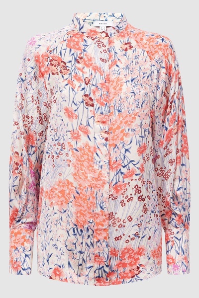 Meadow Print Split Cuff Shirt in Coral/White