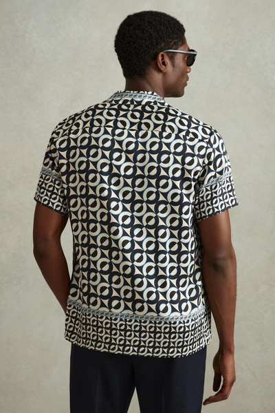 Geometric Print Cuban Collar Shirt in Lapis Blue