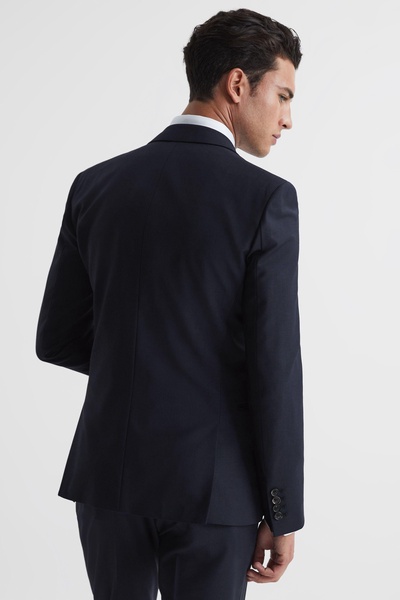 Slim Fit Single Breasted Wool Blazer in Navy