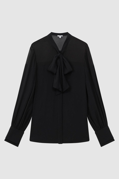 Tie Neck Semi-Sheer Blouse in Black