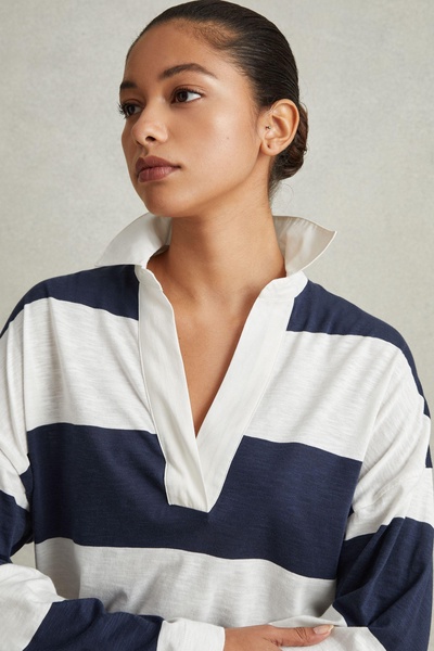 Striped Cotton Open-Collar Jumper in Navy/Ivory