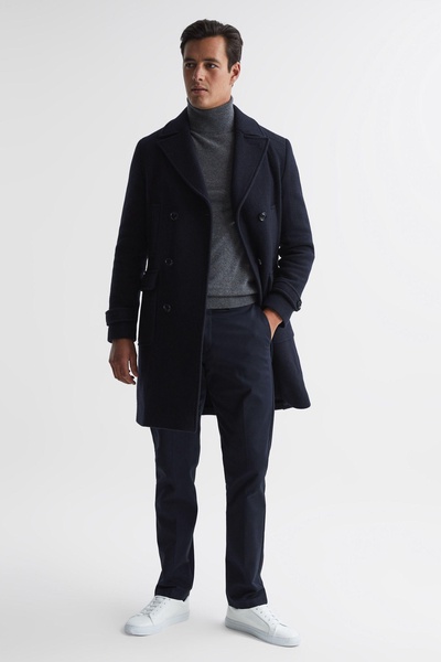 Double Breasted Wool Blend Military Overcoat in Navy