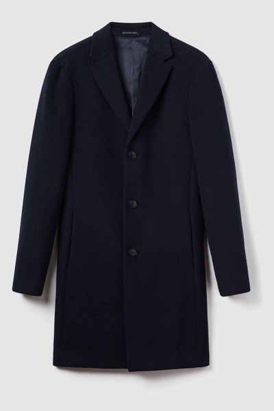 Wool Blend Single Breasted Epsom Overcoat in Navy