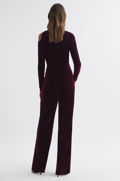 Velvet Off-The-Shoulder Jumpsuit in Berry