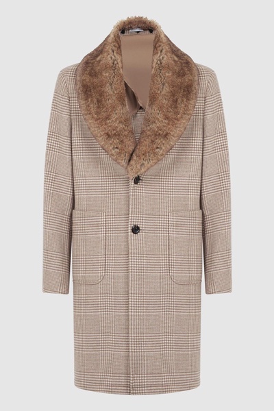 Wool Check Faux Fur Lapel Coat in Oatmeal