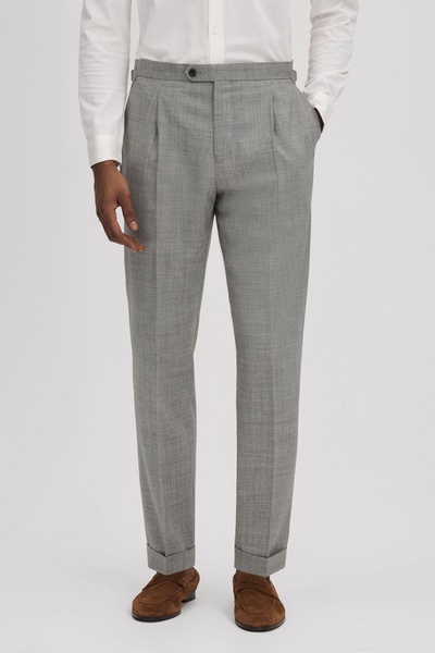 Slim Fit Wool Blend Trousers with Turn-Ups in Soft Grey