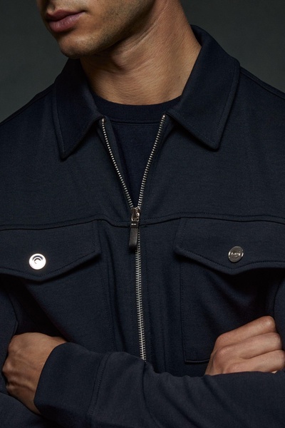 Zipped Interlock-Jersey Overshirt in Navy Blue