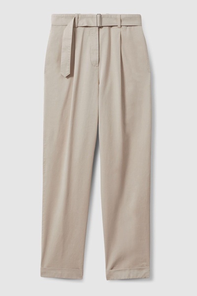 Cropped Cotton Blend Belted Trousers in Stone