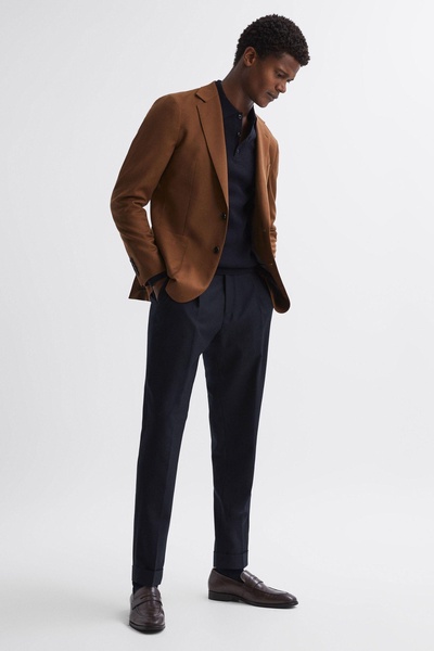 Slim Fit Brushed Wool Trousers in Navy