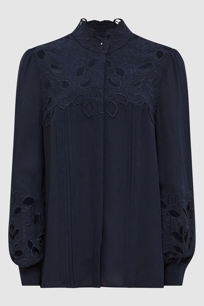 Lace Detail Shirt Blouse in Navy