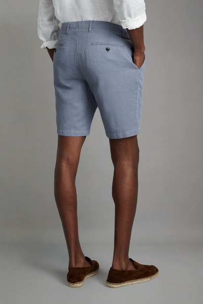 Cotton Linen Blend Internal Drawstring Shorts in Airforce Blue