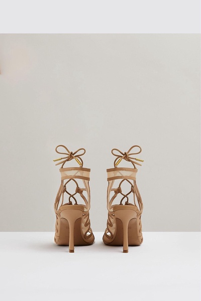 Mesh Leather Strappy Heels in Neutral