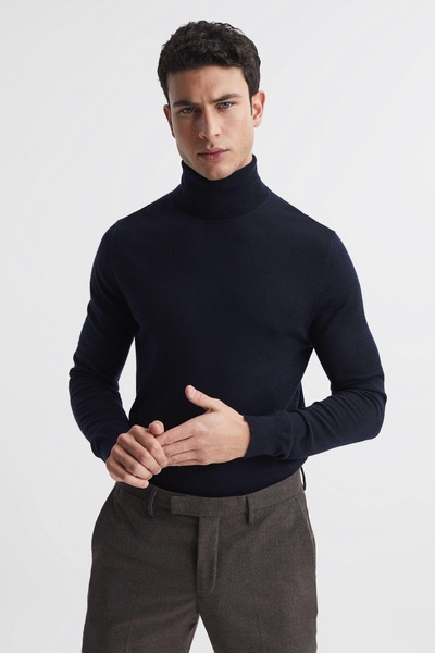 Slim Fit Merino Wool Roll Neck Jumper in Navy