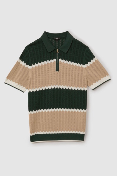 Alton Forest Green/Light Camel Knitted Zig-Zag Half-Zip Polo Shirt