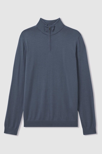 Merino Wool Half-Zip Funnel Neck Jumper in Airforce Blue