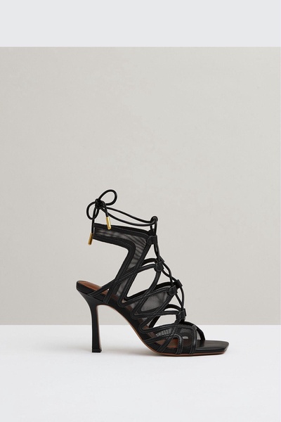 Mesh Leather Strappy Heels in Black