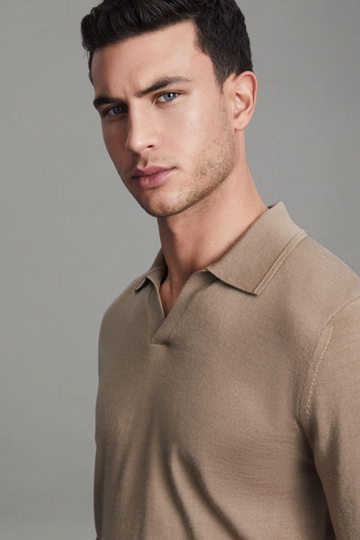 Merino Wool Open Collar Polo Shirt in Camel