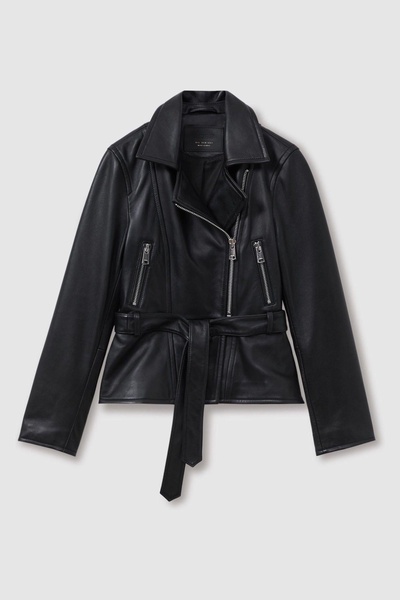 Febe Black Belted Leather Jacket